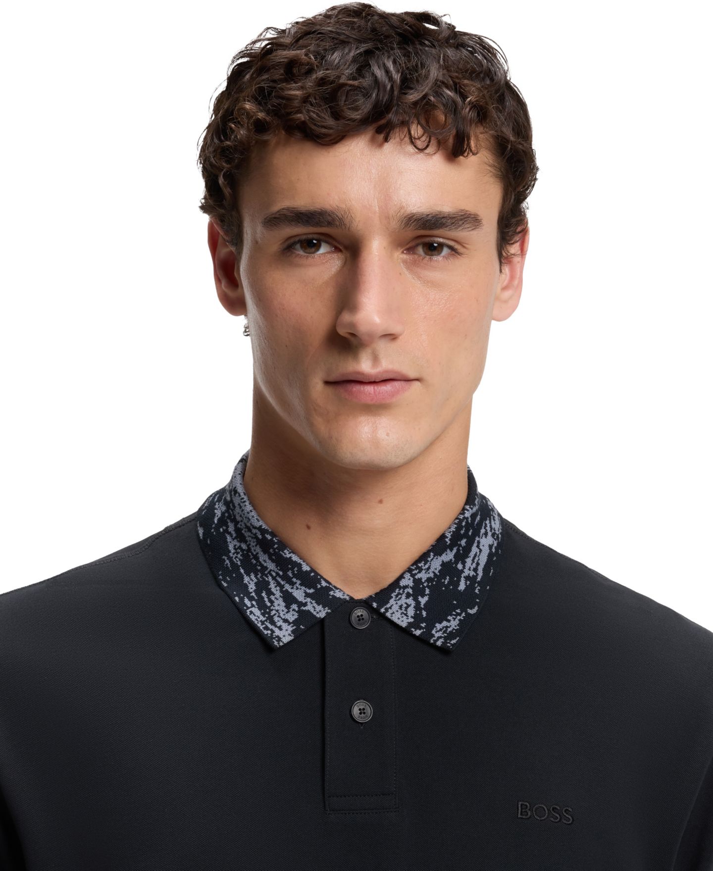 Мужская рубашка-поло Hugo Boss Boss из хлопкового пике с жаккардовым воротником, цвет: Тёмный синий — фото 5
