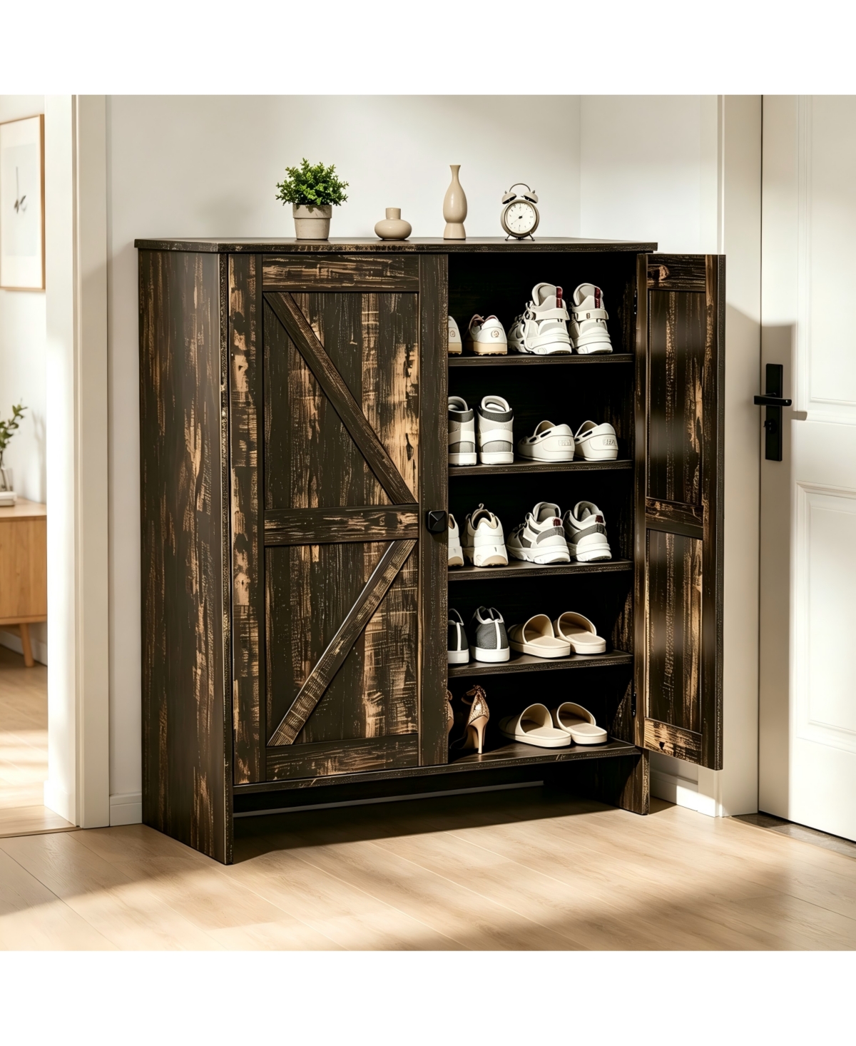 Slickblue Barn Door Shoe Cabinet with 2 Doors and Single Hole Handle