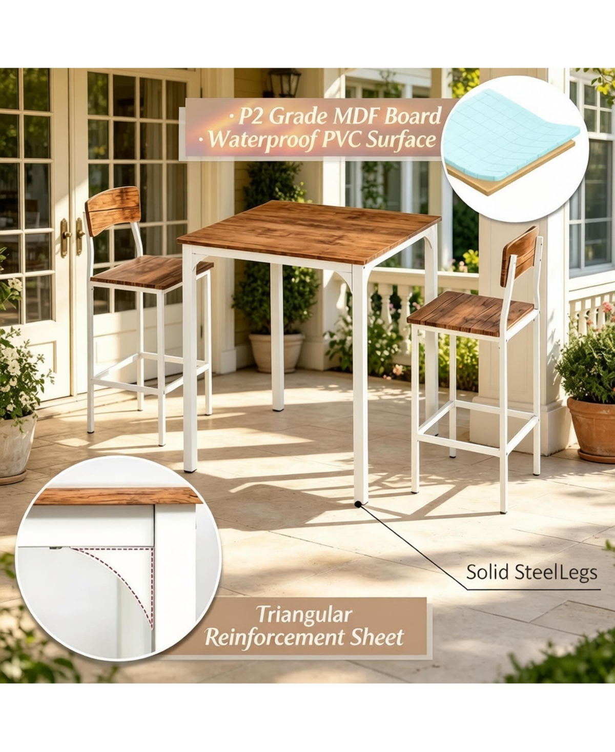 Flynama 3-Piece Bistro Dining Set with Square Table and 2 Stools for Small Spaces