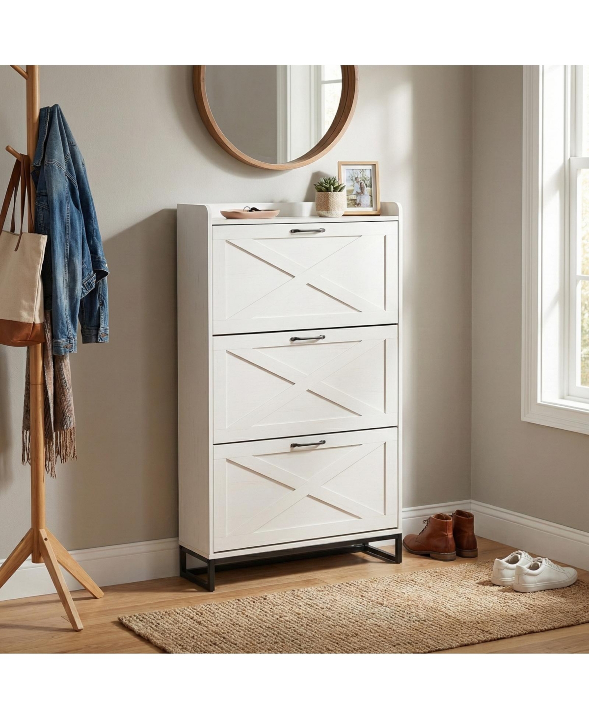 Slickblue Barn Door Shoe Cabinet with 3 Flip Drawers and Top Storage Shelf