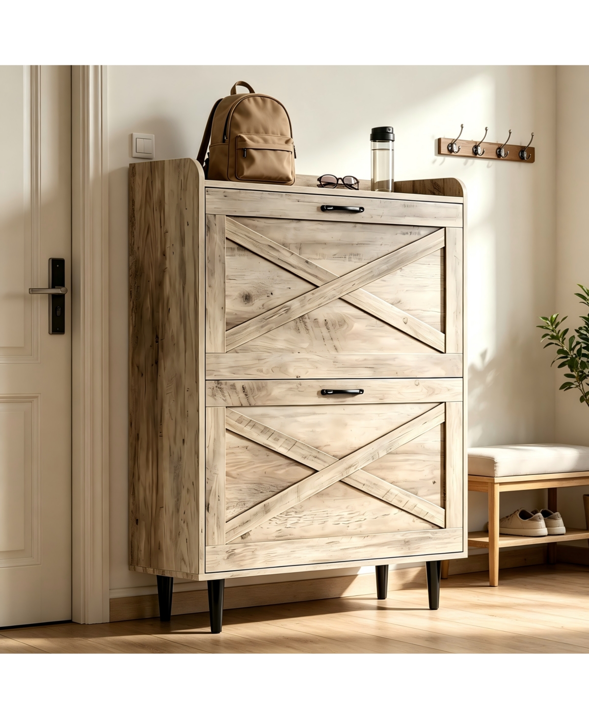 Slickblue 2-Drawer Mdf Shoe Cabinet with Top-Mounted Barn Doors for Entryway