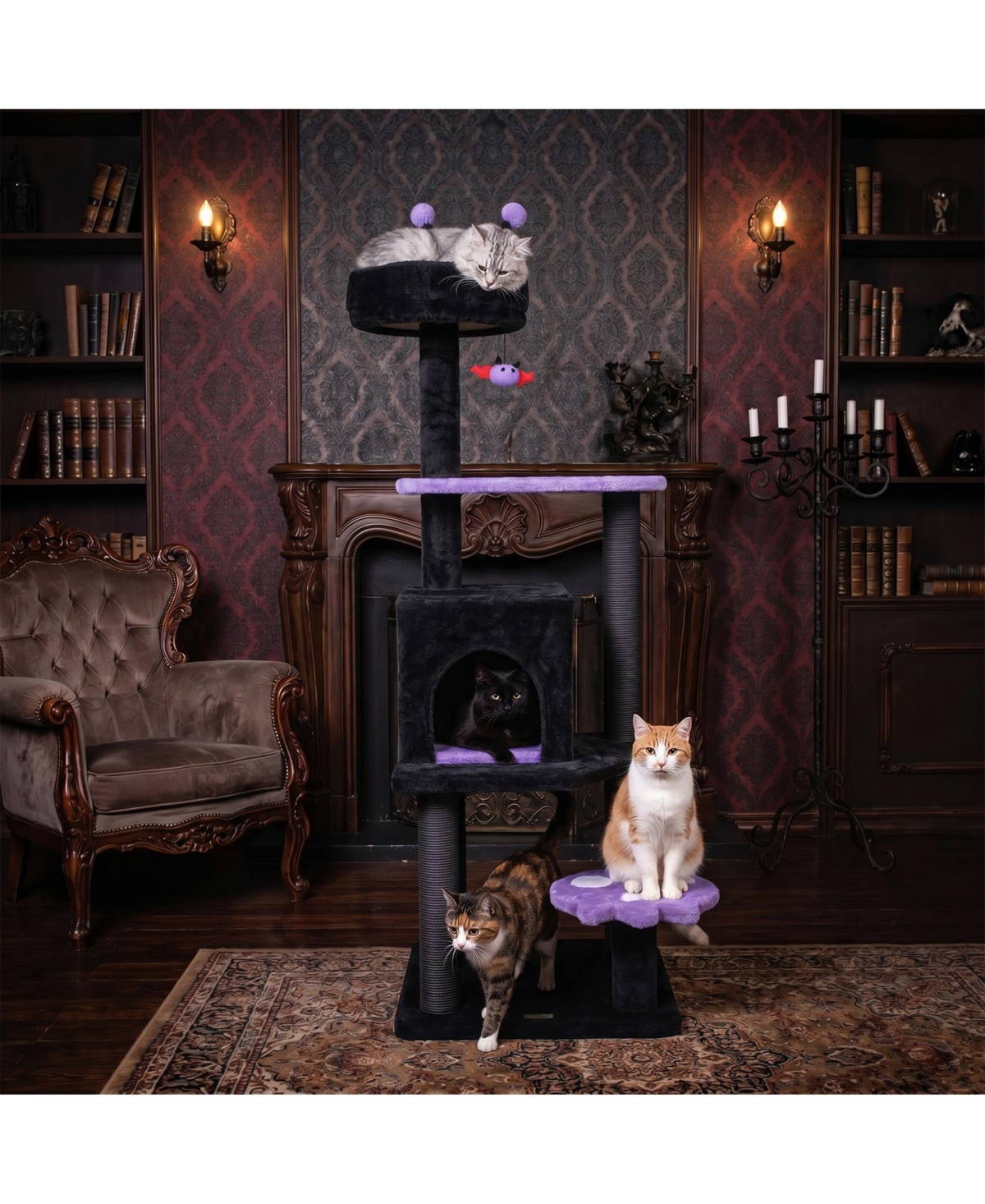 Gymax 57'' Gothic Cat Tree for Indoor Cats with Padded Perch 2-Entry Condo Hanging Toy
