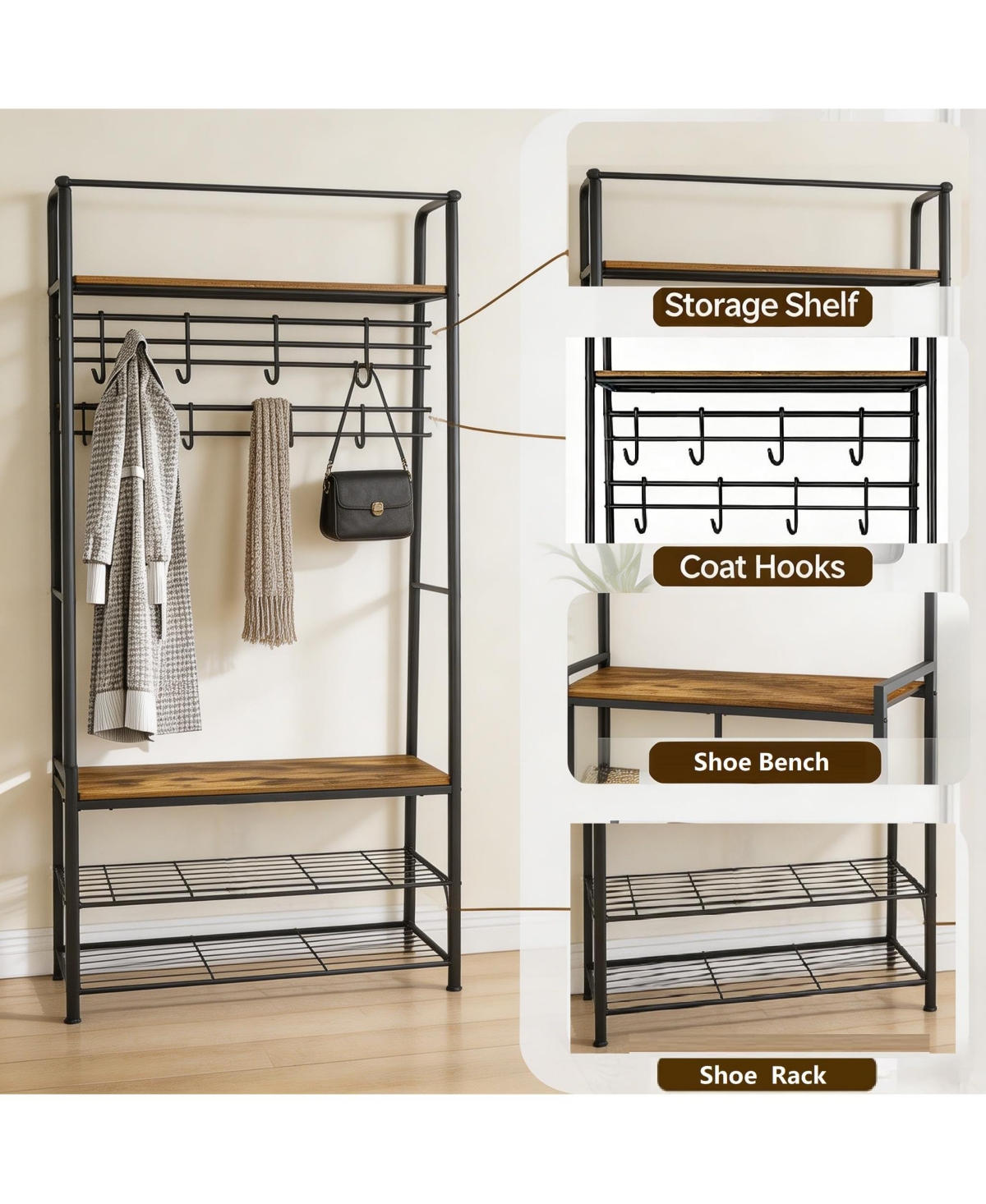Gaomon Entryway Hall Tree with Shoe Rack - Industrial Coat and Storage Bench, 6 Hooks, 2-Tier Shelf, Quick Assembly