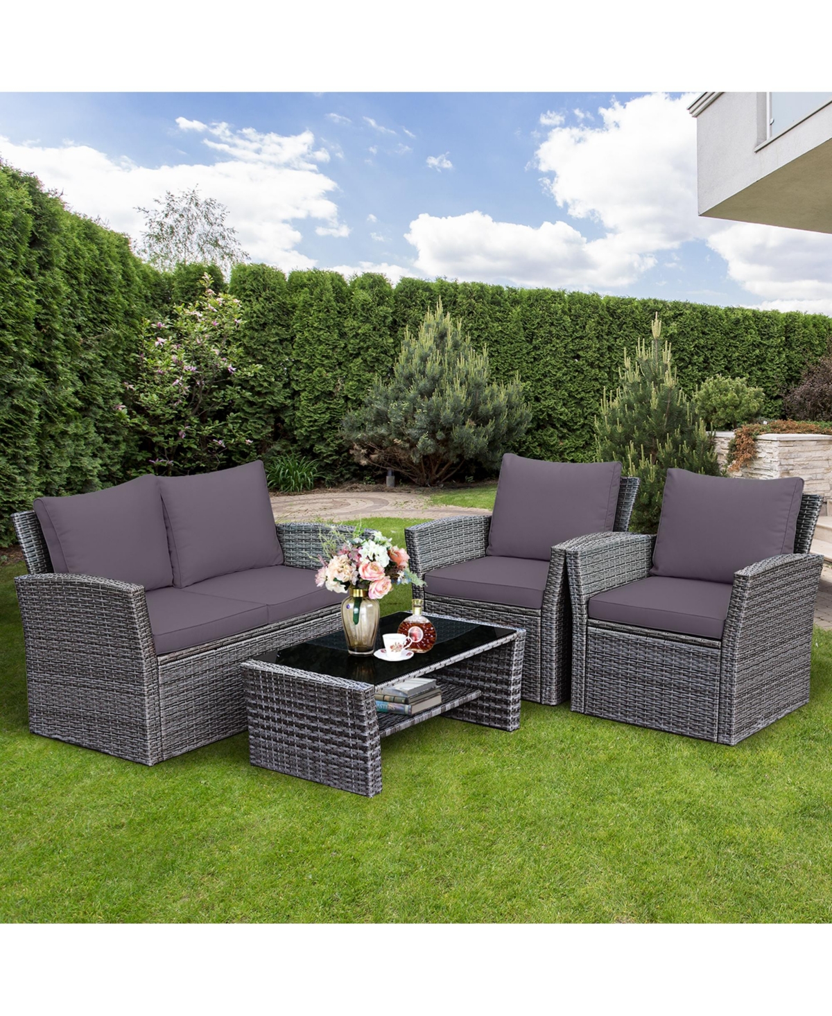 Costway 4Piece Patio Rattan Furniture Set Sofa Table With Storage Shelf
