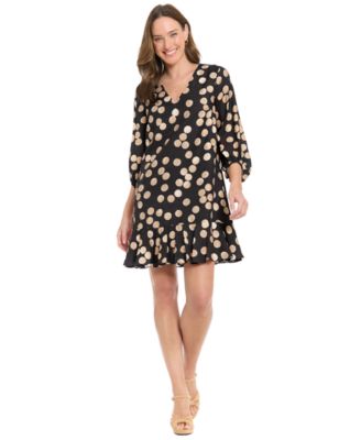 Women's Flounce Shift Polka-Dot Short-Sleeve V-Neck Dress