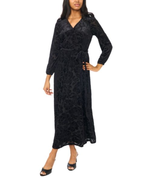 Женское платье MSK Floral Long-Sleeve Velvet Burnout V-Neck Wrap Maxi, цвет: Чёрный