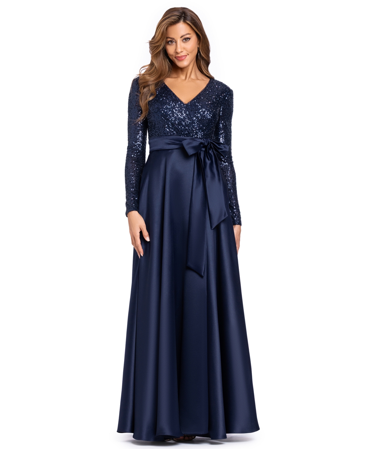 Xscape Women's Sequinned Long Sleeve Ballgown Dress In Navy,navy