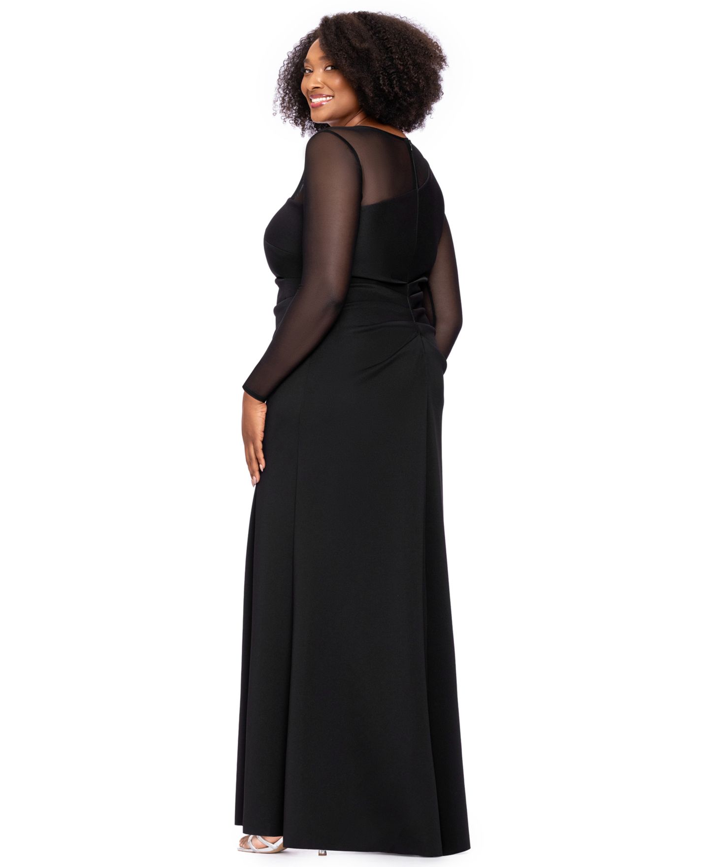 Женское платье XSCAPE Plus Size Wedding Guest Long-Sleeve Mesh, цвет: Чёрный — фото 5
