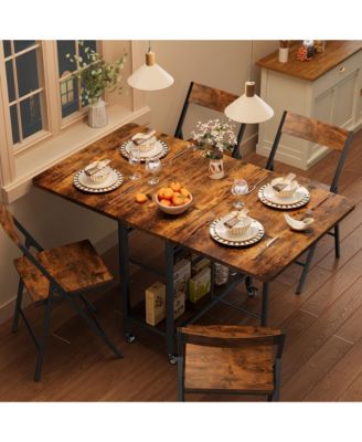 Dining Table Set for 4,Foldable Dining Table with 4 Foldable Chairs, Rectangle Space Saver Table and Chairs Set with Swivel Wheels