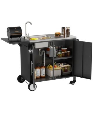 Outdoor Grill Table with Sink, Metal Worktable Island with Storage Cabinet