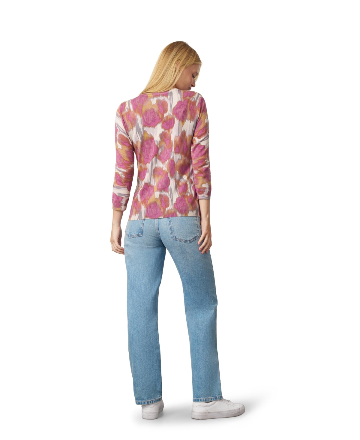Cable & Gauge Women's Floral Animal Print 3/4-Sleeve Crewneck Cardigan