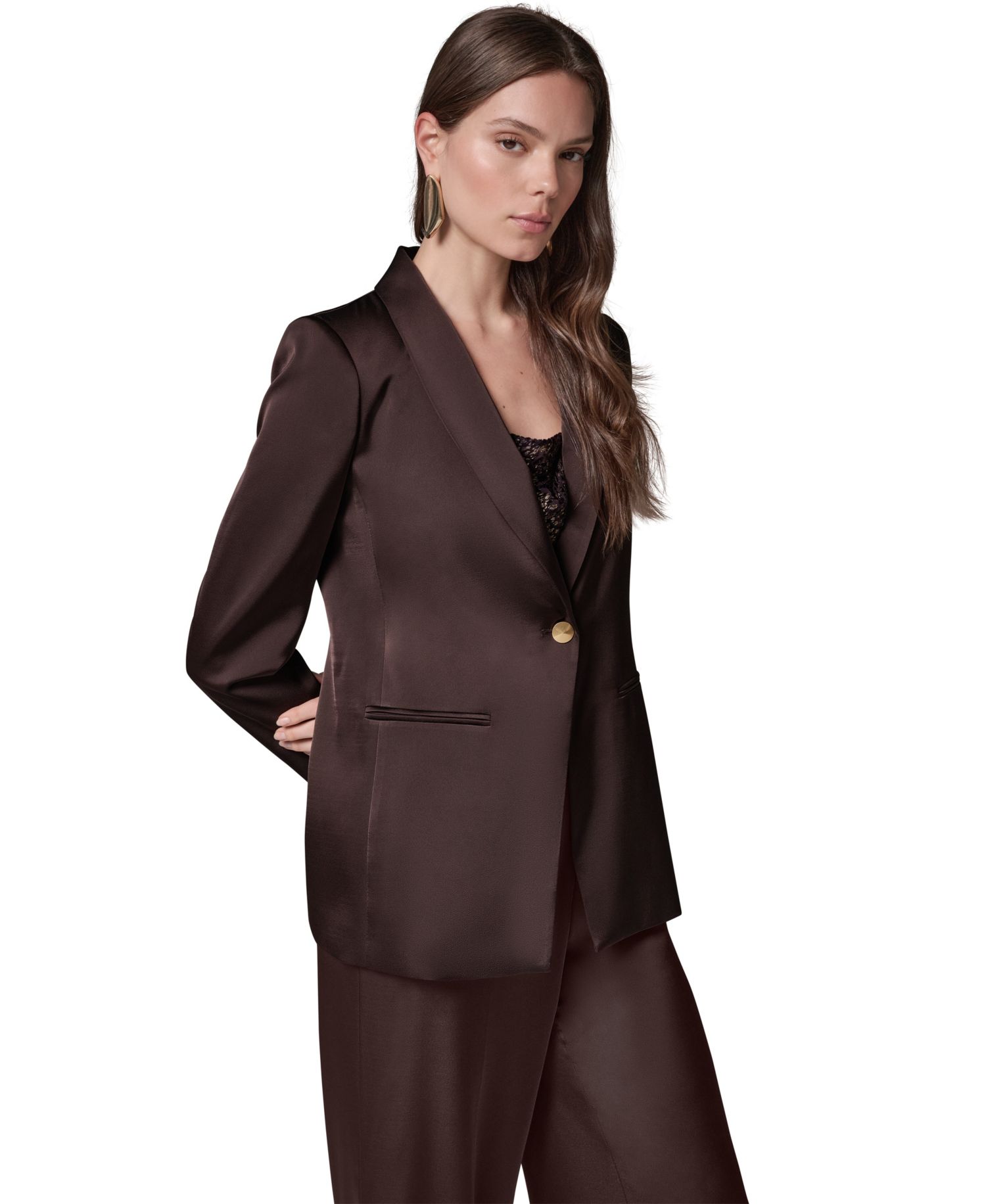 Petite Satin Shawl Lapel Shoulder-Padded Blazer