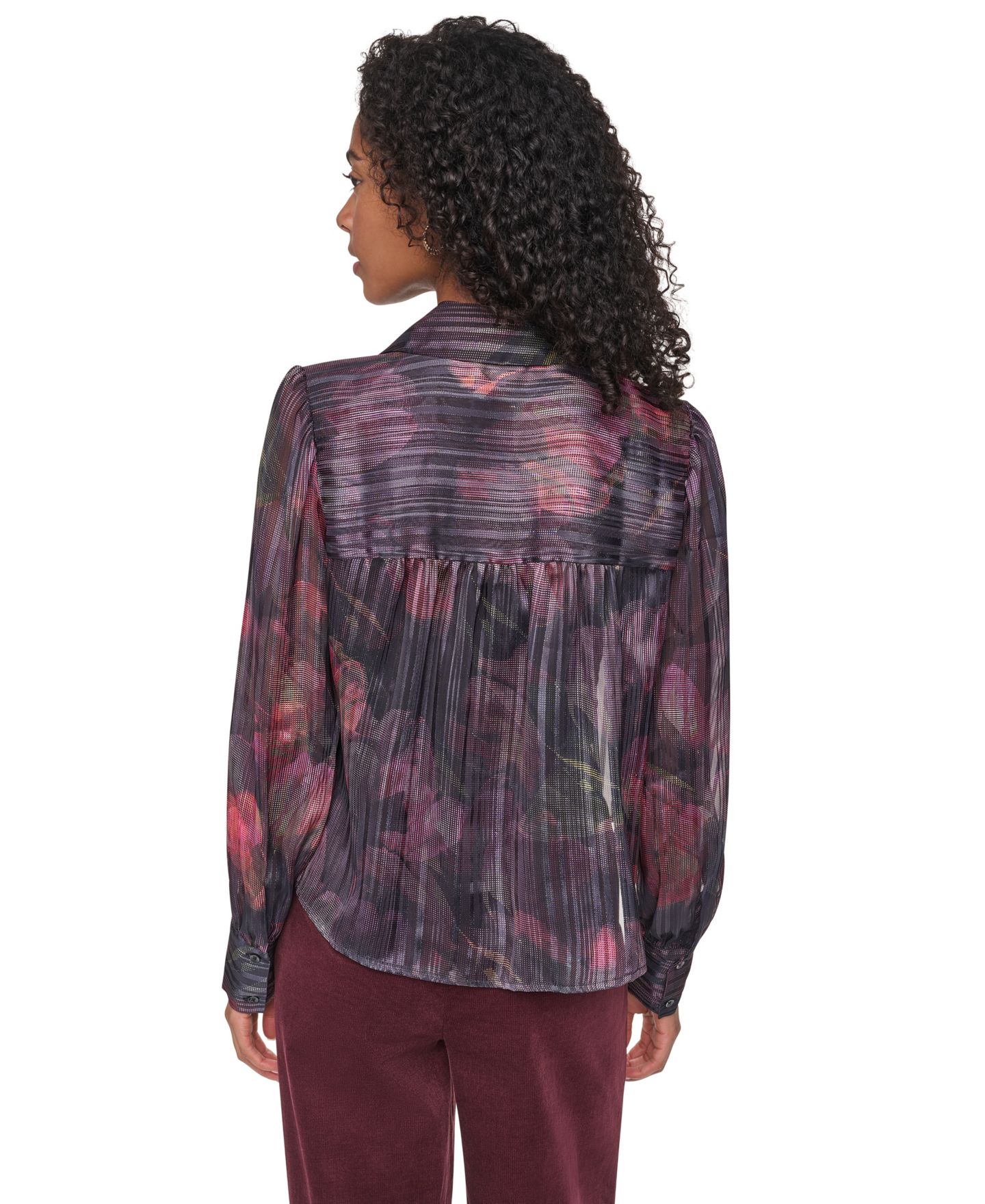 Женская блузка DKNY Petite Puff-Sleeve Button-Front Blouse, цвет: Чёрный малиновый разноцветный — фото 4