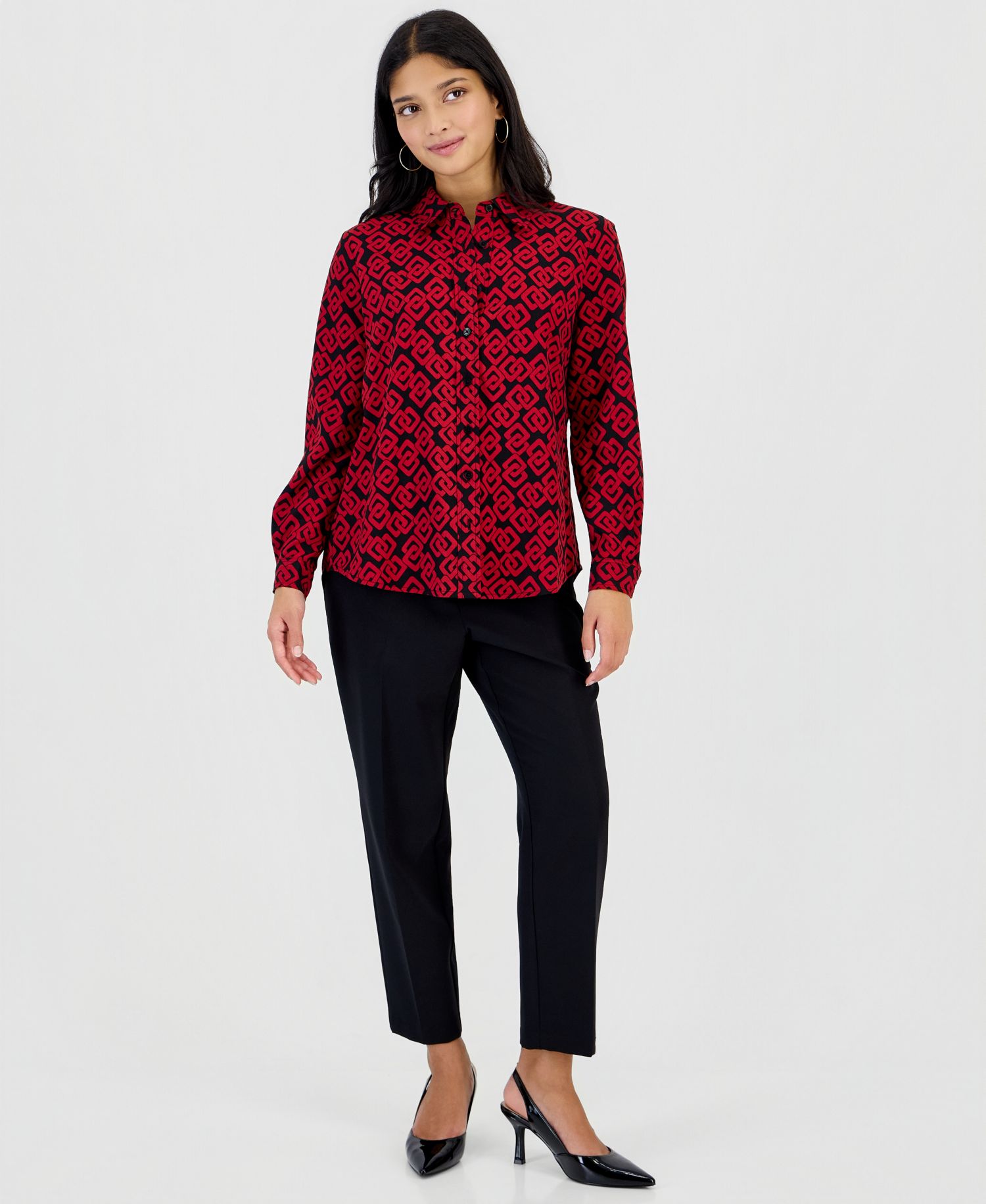 Petite Long-Sleeve Houndstooth Button-Front Blouse