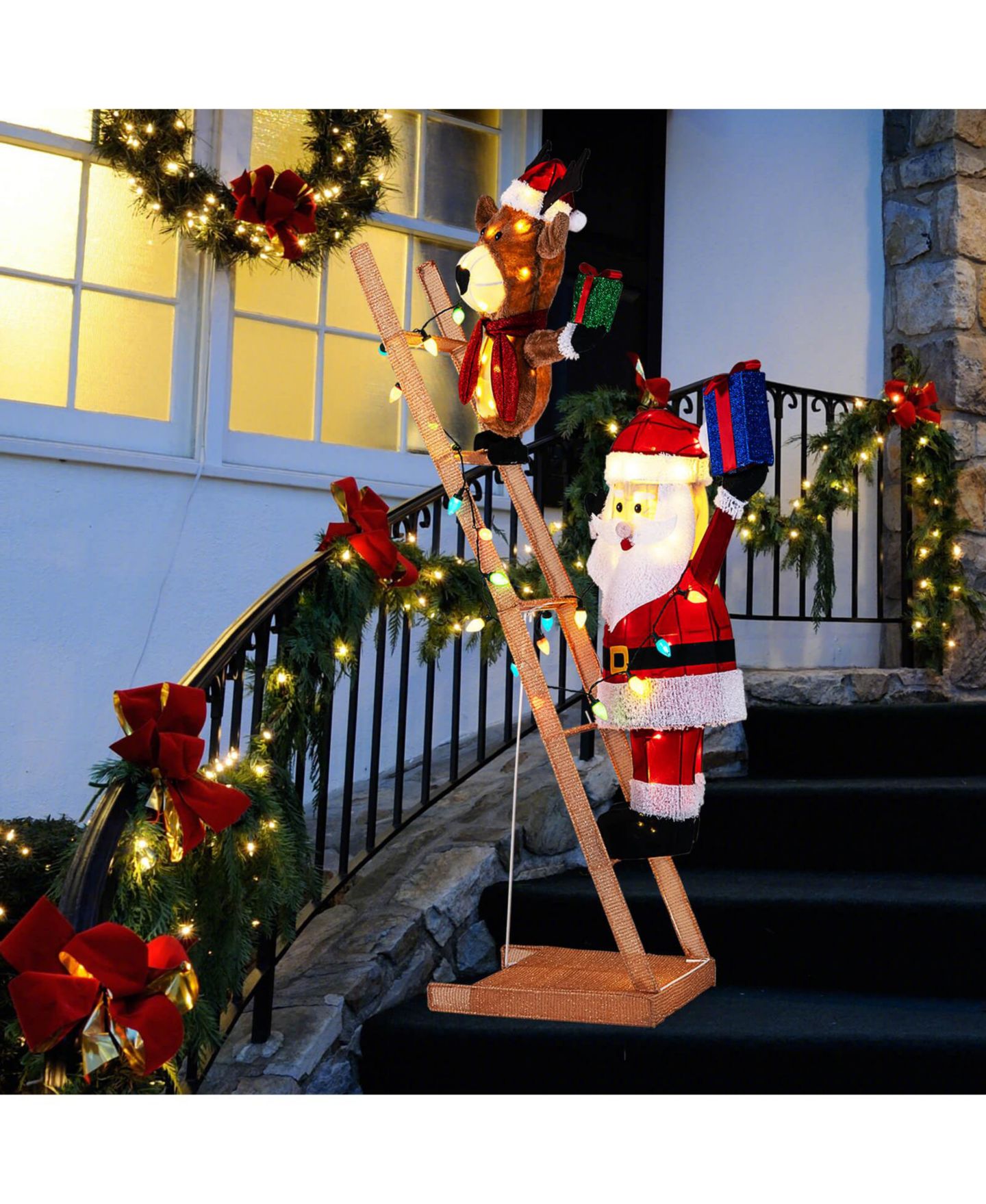 Детская игрушка Costway 5.5 FT Lighted Reindeer and Santa Claus on Ladder with 100 LED Lights, Zip Ties, цвет: Красный — фото 5
