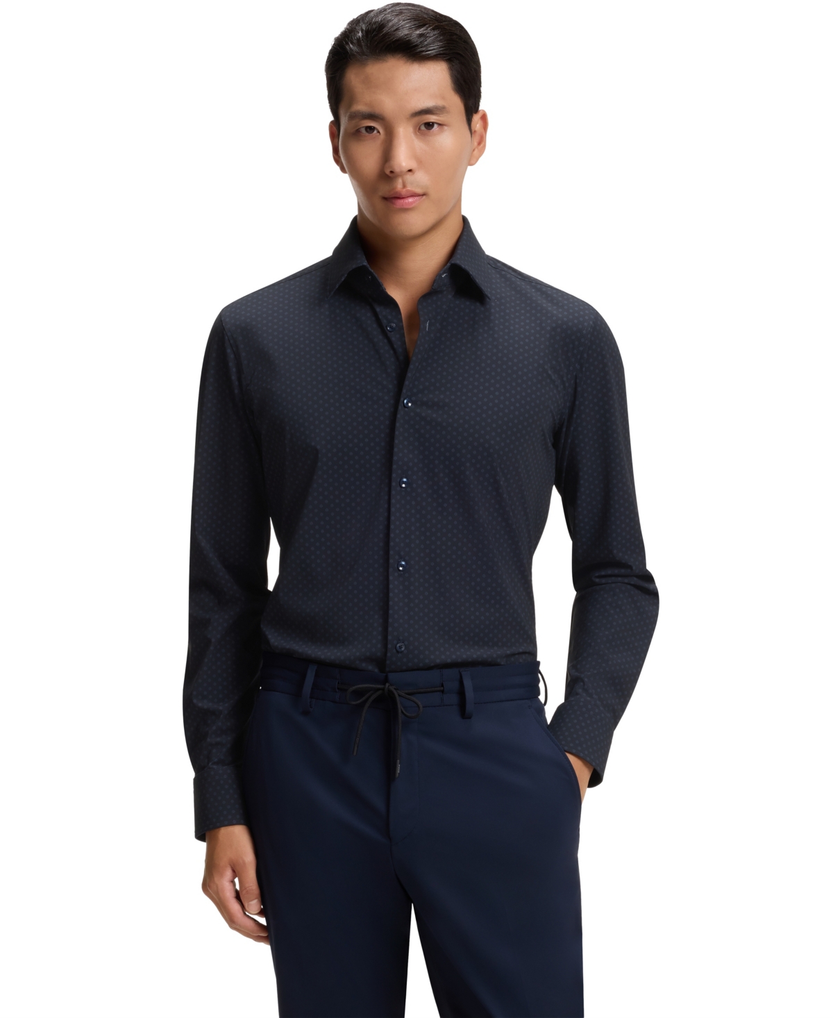 Boss by Hugo Boss Men's Printed Performance-Stretch Jersey Slim-Fit Dress Shirt - Dark Blue