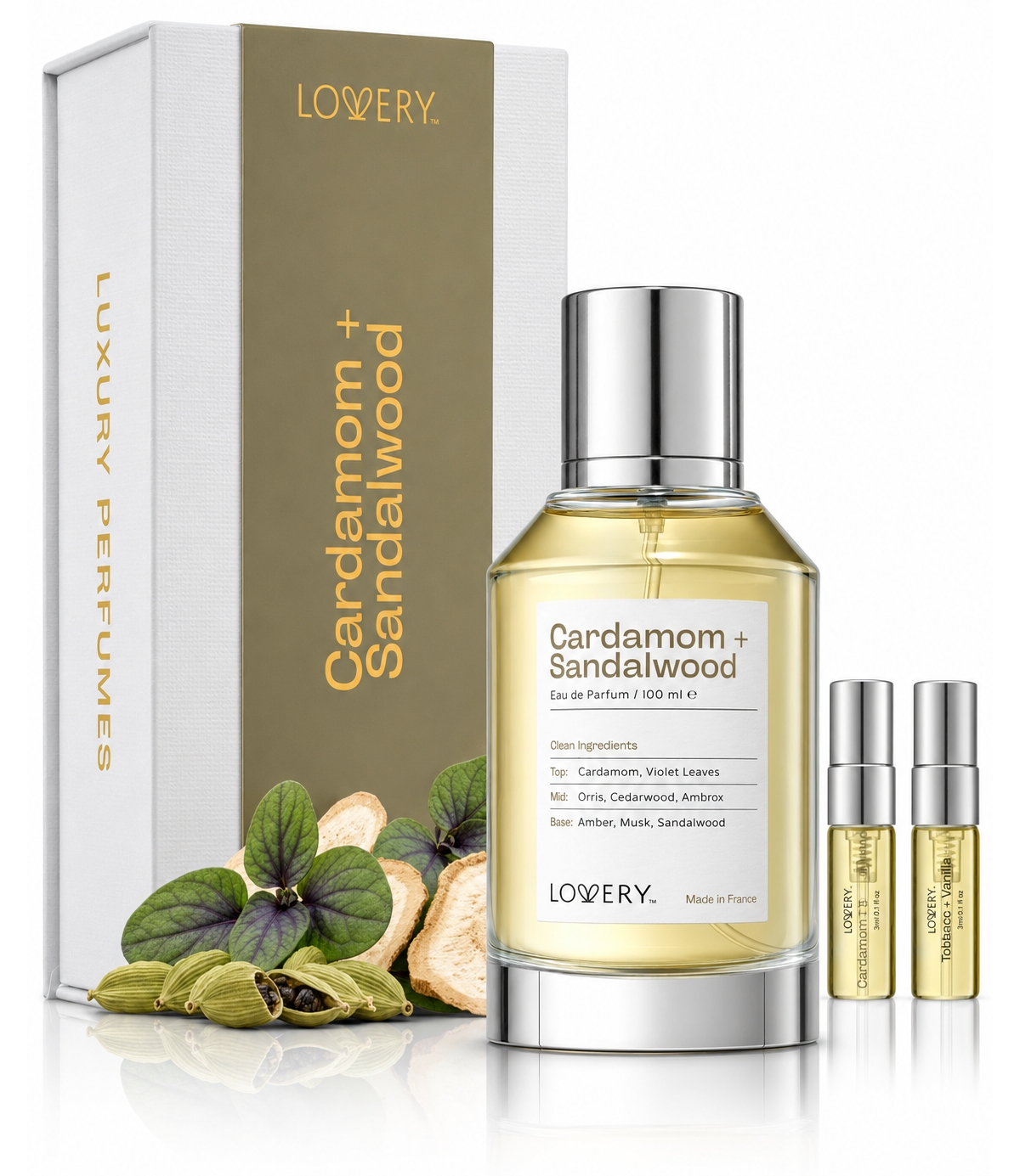 LoveryPlus Cardamom + Sandalwood Perfume Gift Set - 3.4fl oz Womens Fragrance with Travel Size Mini Perfume and Free Gift Sample