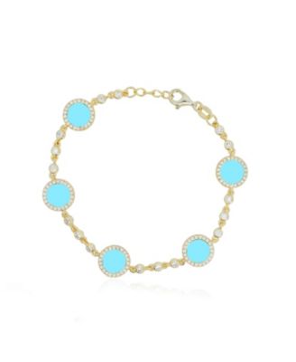Turquoise CZ Halo Bezel Disc Bracelet 14K Gold-Plated Sterling Silver