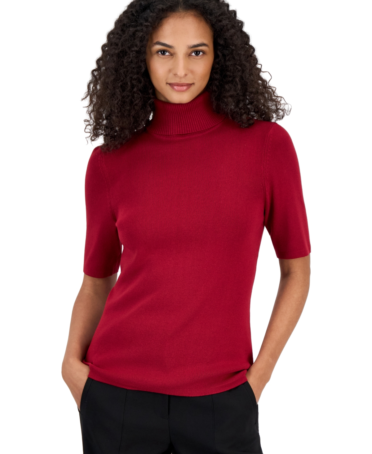 Anne Klein Women's Petite Half-Sleeve Ribbed-Knit Fitted Turtleneck Sweater - Titian Red