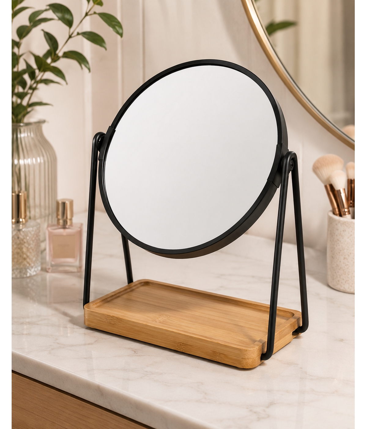 Pursonic Dual Sided Mirror With Bamboo Tray