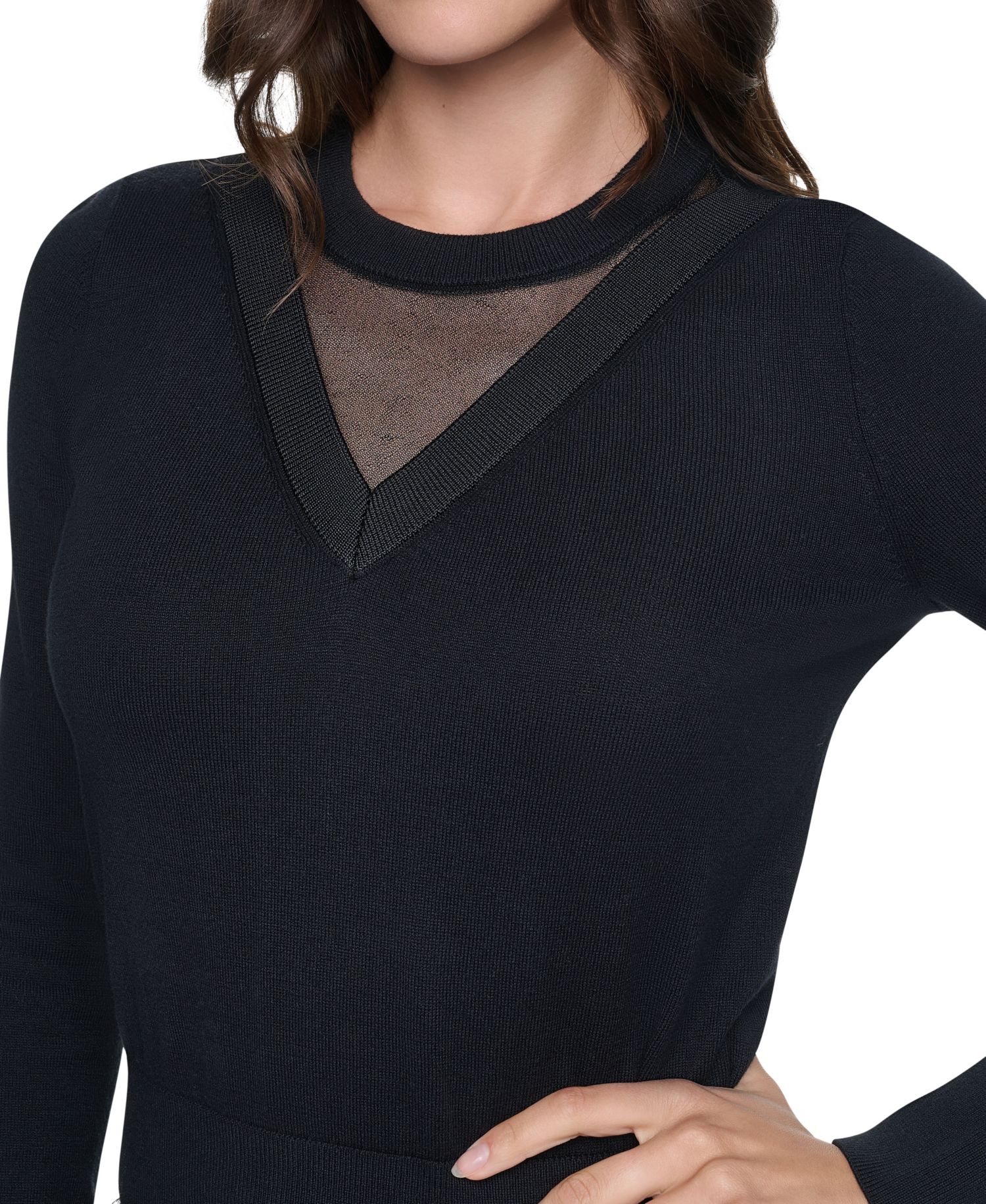 Women's Double V-Neck Mesh Window Detail Long-Sleeve Pullover