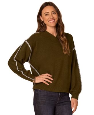 Women's Long-Sleeve Blanket Stitch Embroidery V-Neck Sweater