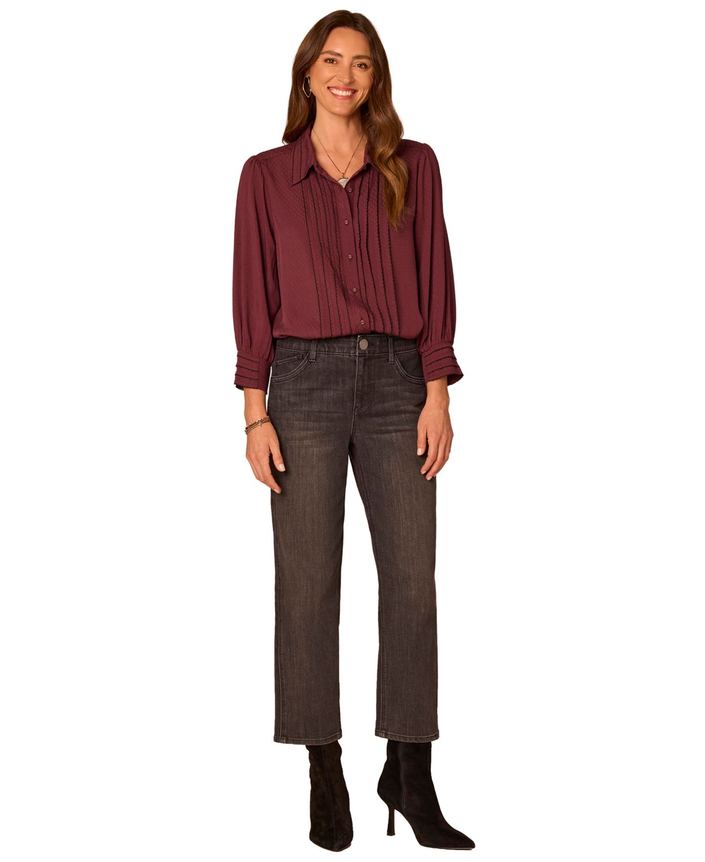 Женская блузка Democracy 3/4-Sleeve Button Down Bubble Hem Blouse, цвет: Инжирный / Чёрный — фото 2