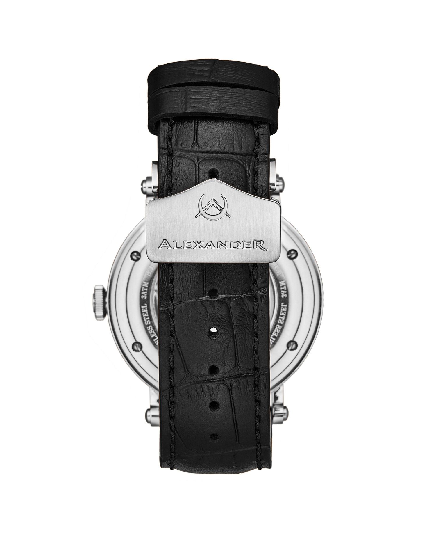 Triumph Men's Swiss Automatic Watch 43mm Silver Tone Stainless Steel Case Blue Dial Sapphire Crystal Black Leather Strap 30M