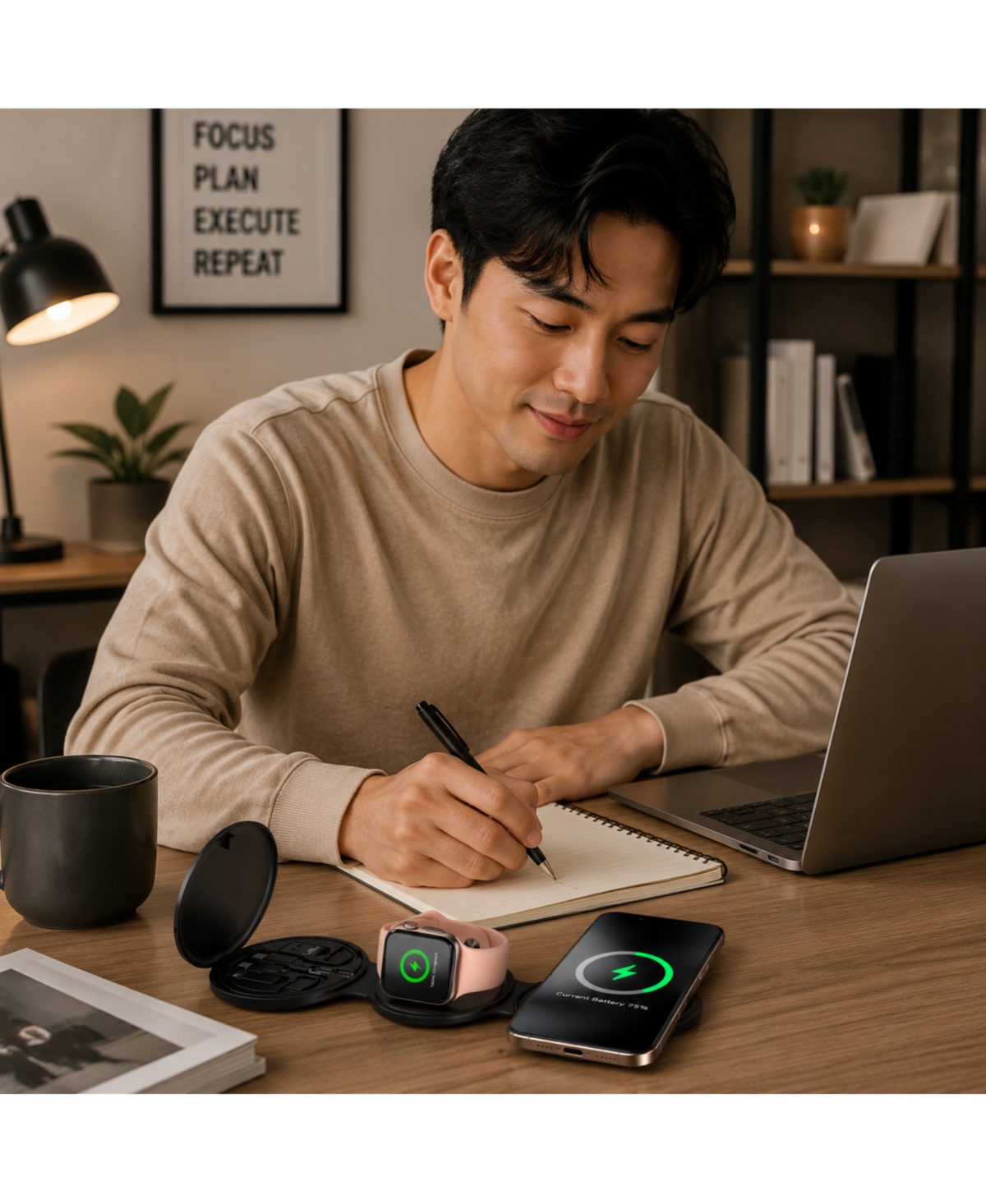 Pursonic Ultimate 5-in-1 Tech Bundle: Folding Wireless Charger & Multi-Function Bedside Alarm Clock