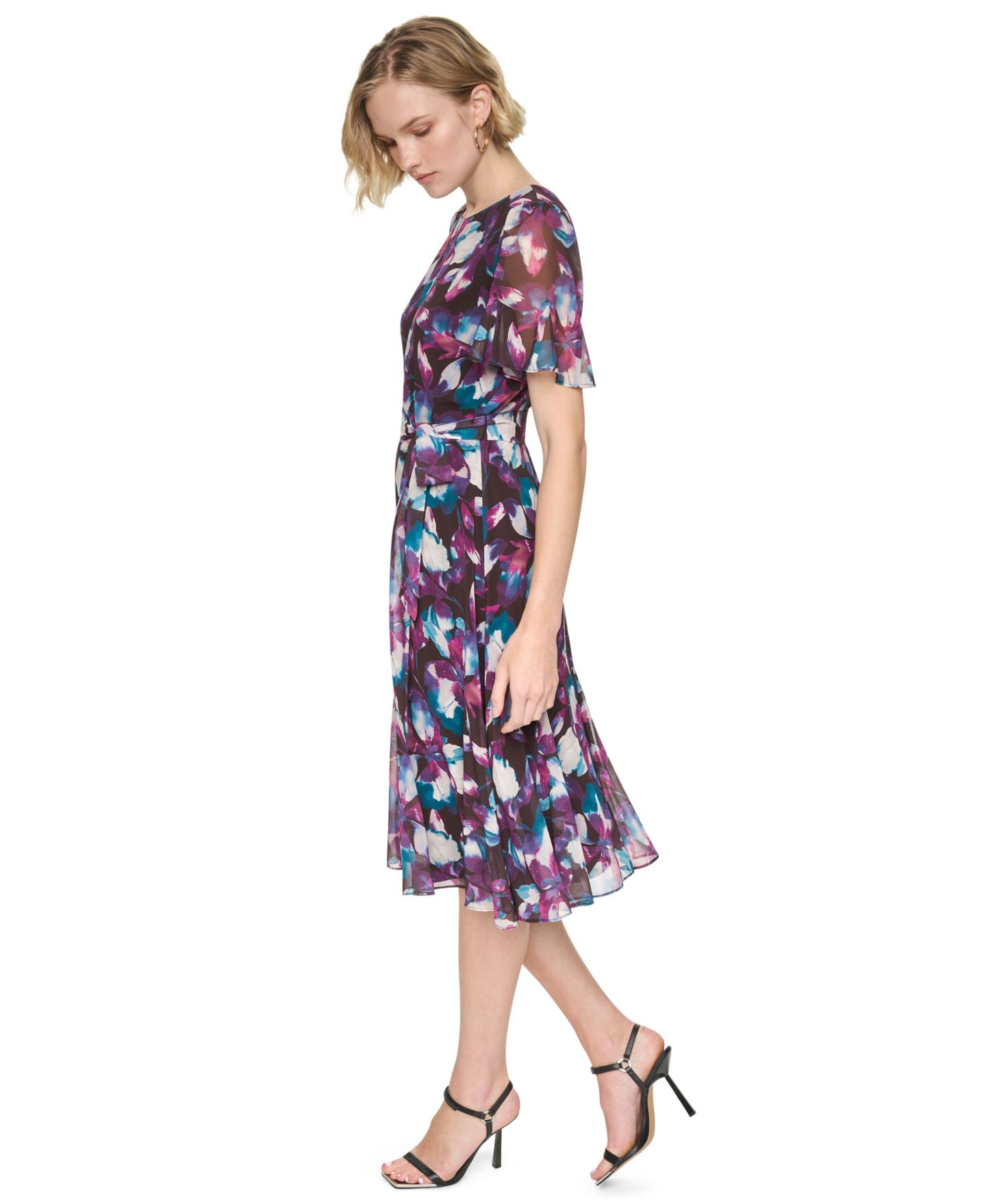 Женское платье DKNY Floral-Print A-Line Godet Sleeve Midi, цвет: Шоколадный сливовый / Кипарисовый — фото 4