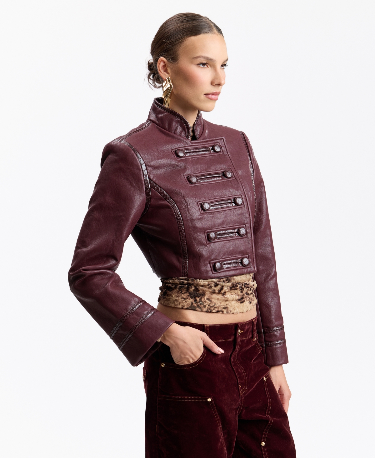 Avec Les Filles Women's Double-Breasted Military-Style Cropped Faux Leather Jacket