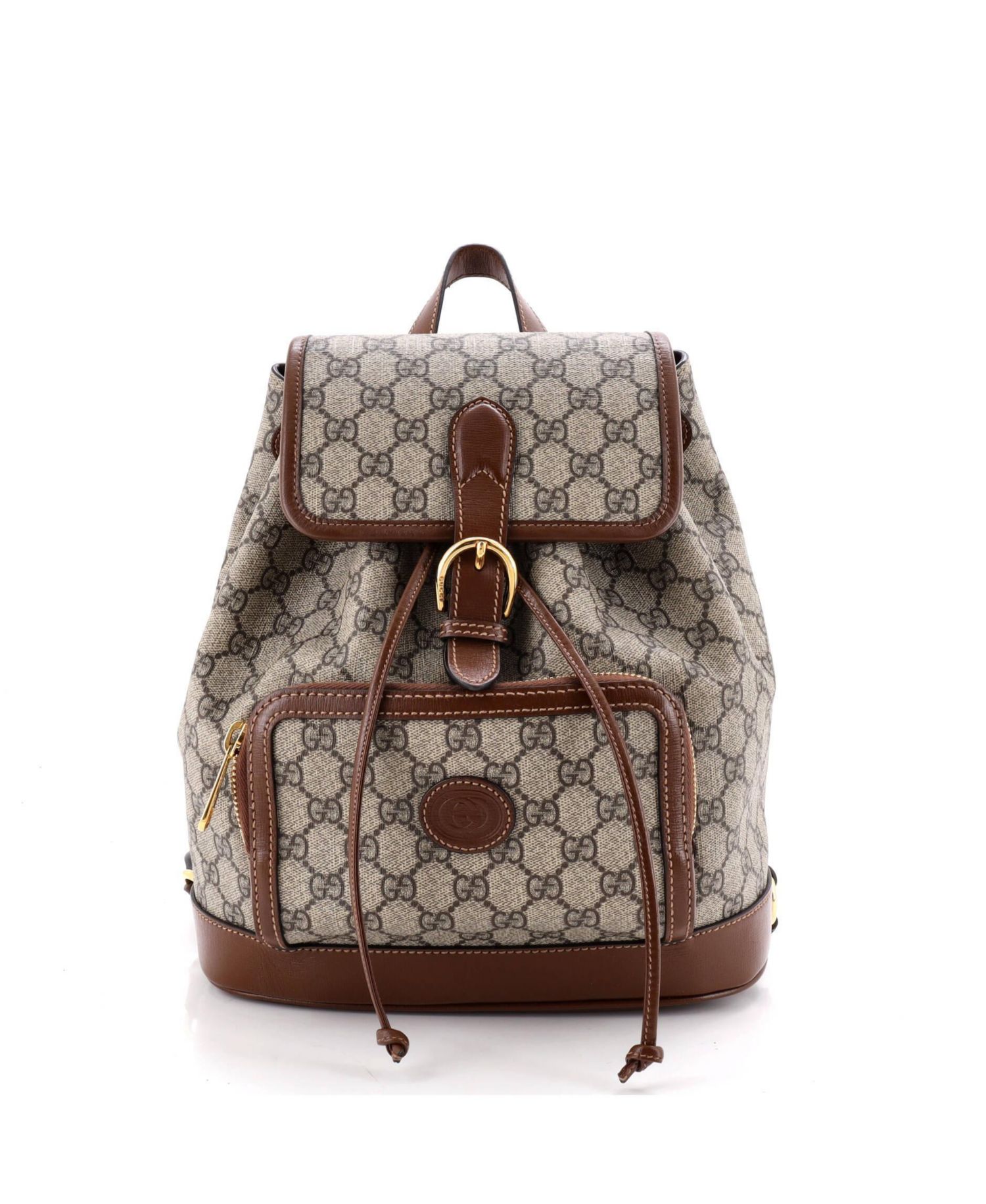 Small Interlocking G Patch Drawstring Flap Backpack GG Coated Canvas