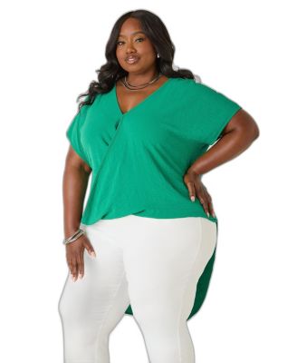 Plus Size Faux-Wrap Hi-Low Short-Sleeve Top