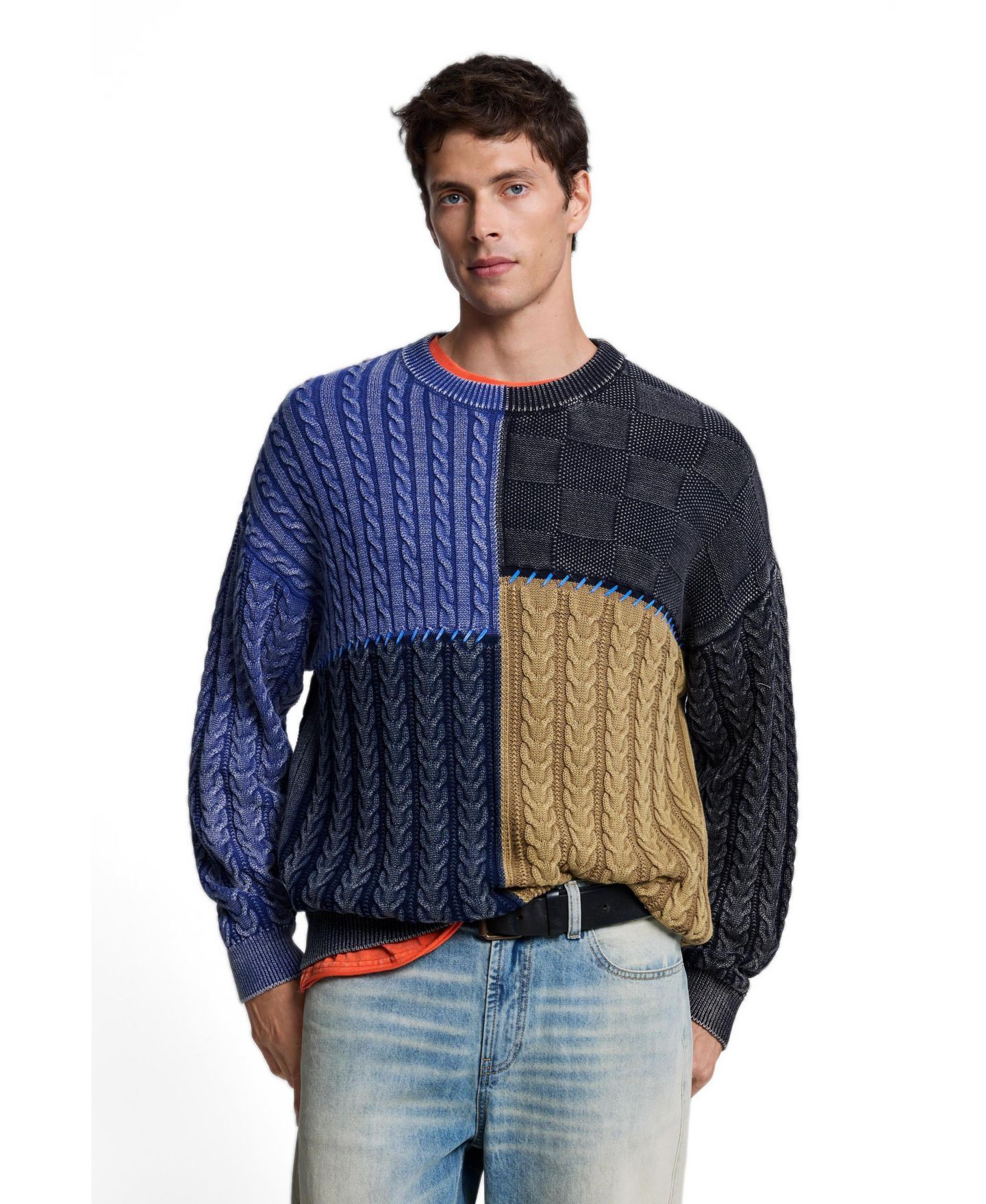 Мужской свитер Desigual Cable-Knit Patchwork, цвет: Тёмно-синий — фото 1