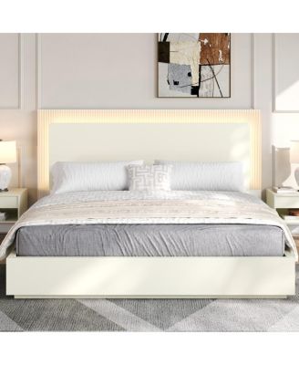  Platform Bed Frame with Headboard and LED Light, Wood Slat Support,Queen