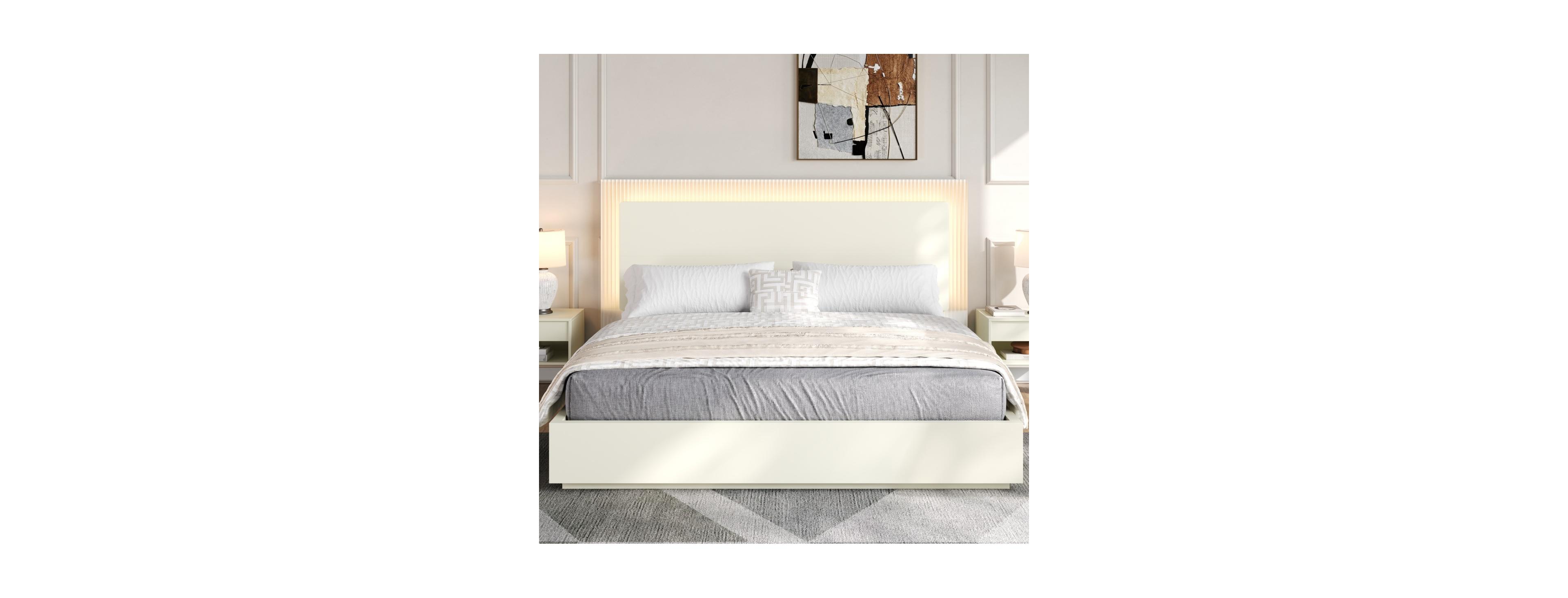 Streamdale Furniture Platform Bed Frame with Headboard and Led Light, Wood Slat Support,Queen