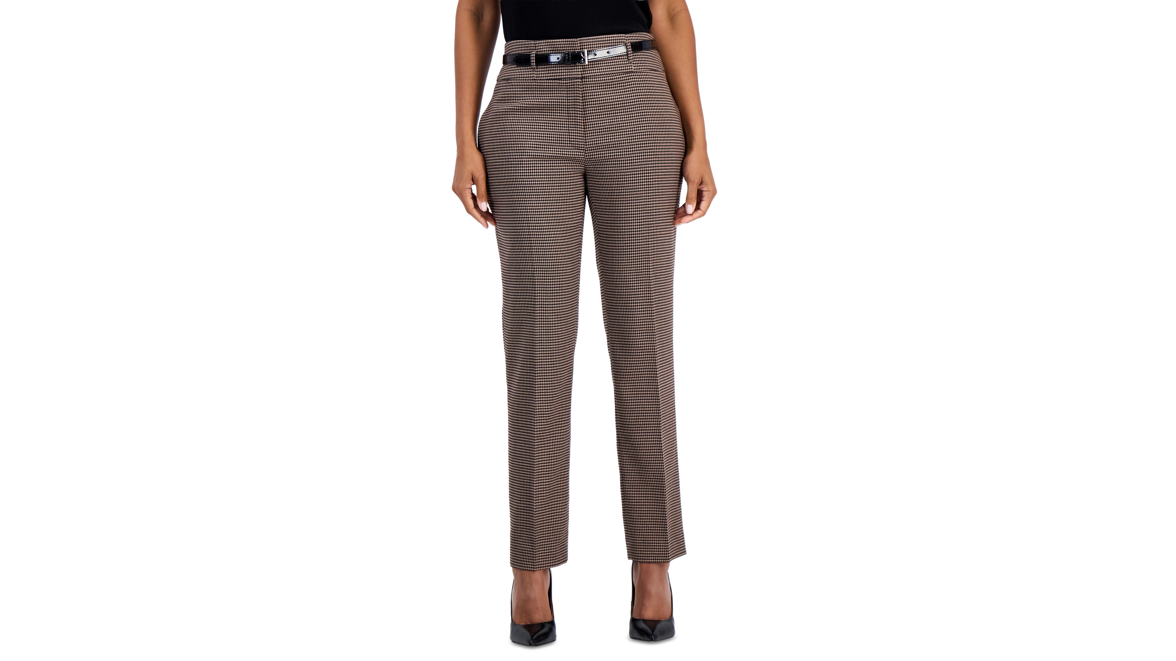 Kasper Women's Ava High Rise Slim Houndstooth Belted Pant