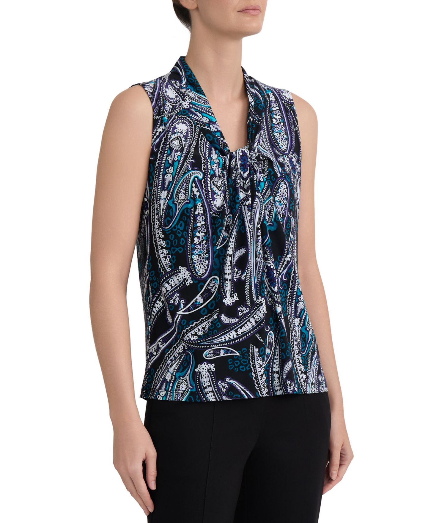 Женская блузка Kasper V-Knot-Neck Sleeveless Blouse, цвет: Чёрный разноцветный — фото 7
