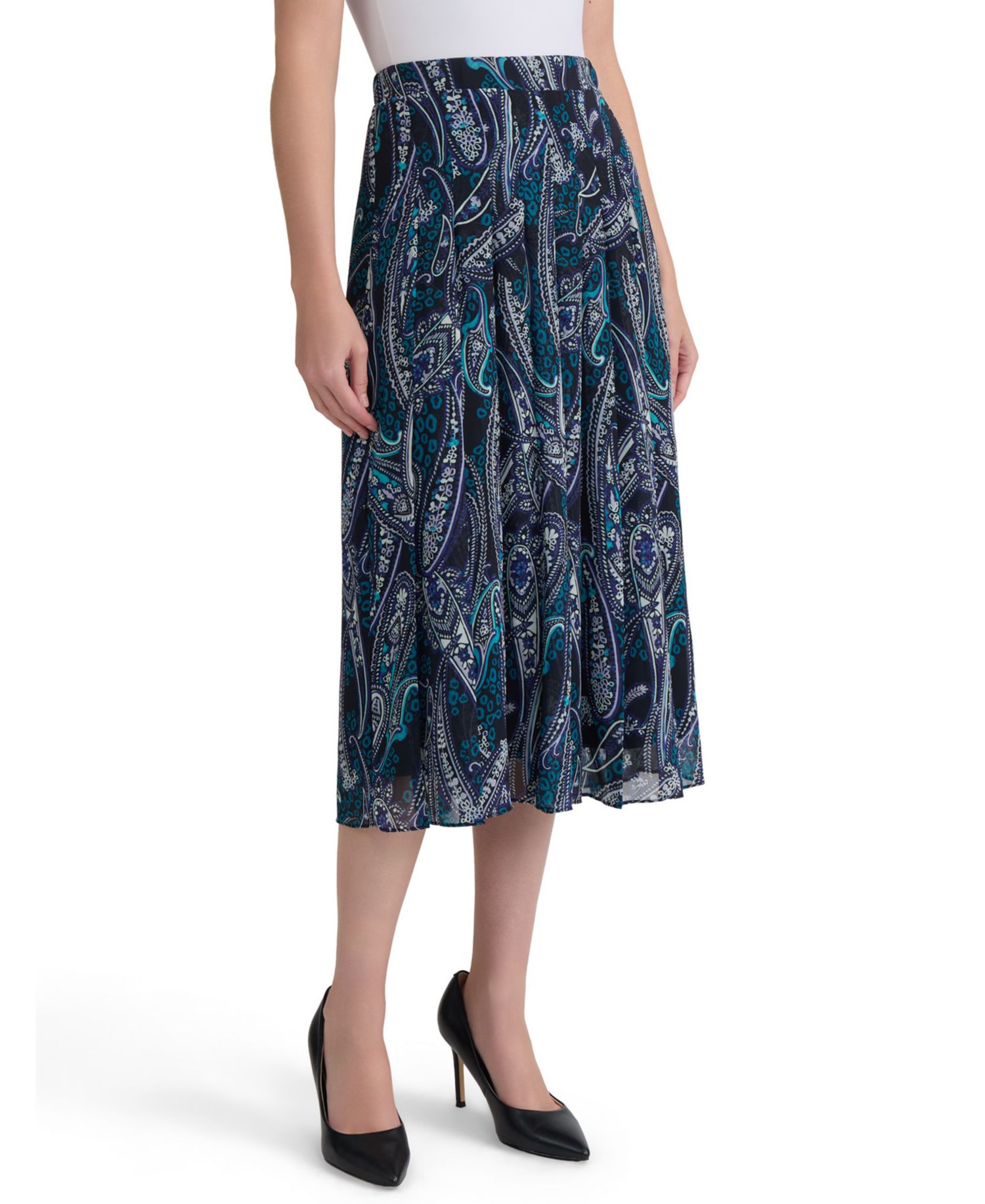 Women's Printed Pleated Pull-On Midi Skirt