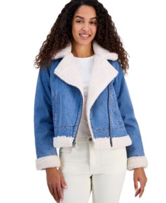 Women's Denim Laydown Collar Moto Jacket
