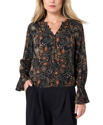 Petite Long-Sleeve Smocked-Flare Floral-Print Blouse