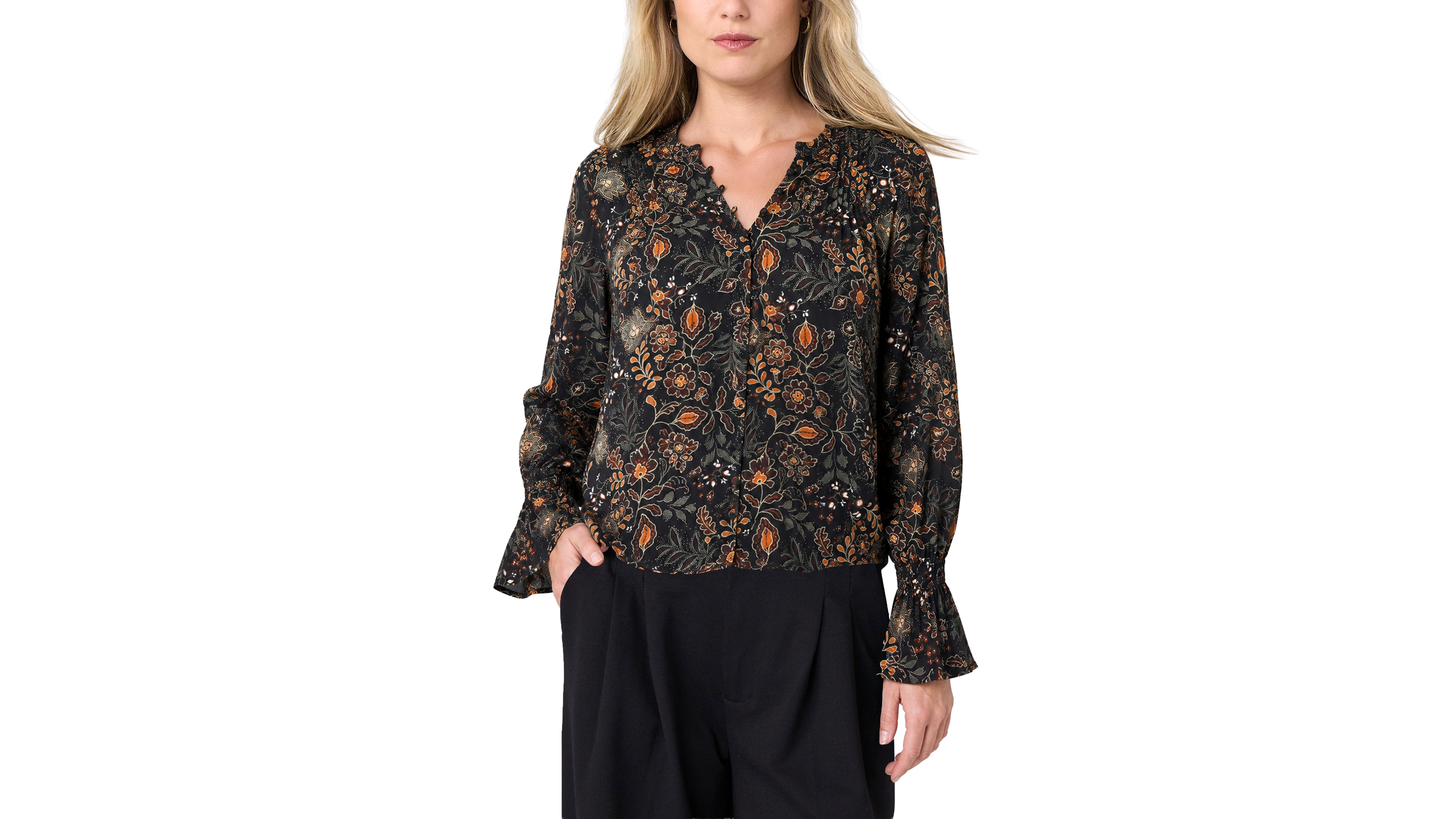 Liverpool Los Angeles Petite Long-Sleeve Smocked-Flare Floral-Print Blouse
