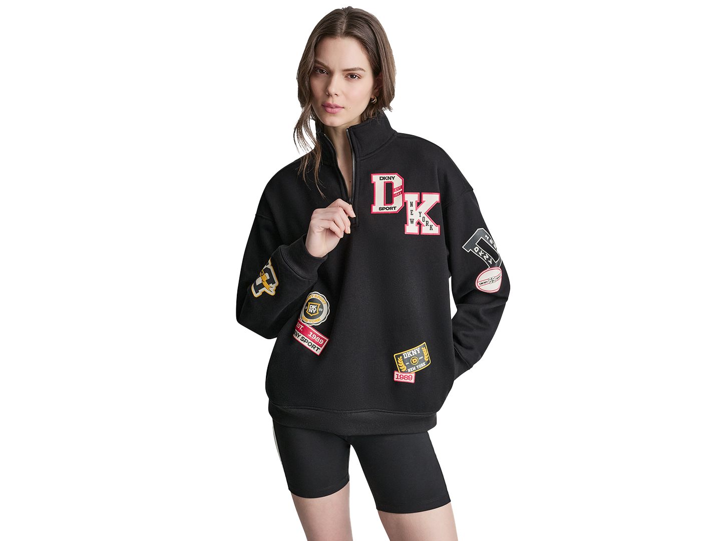 Женская толстовка DKNY Sport Campus Patch Quarter-Zip, цвет: Чёрный — фото 1