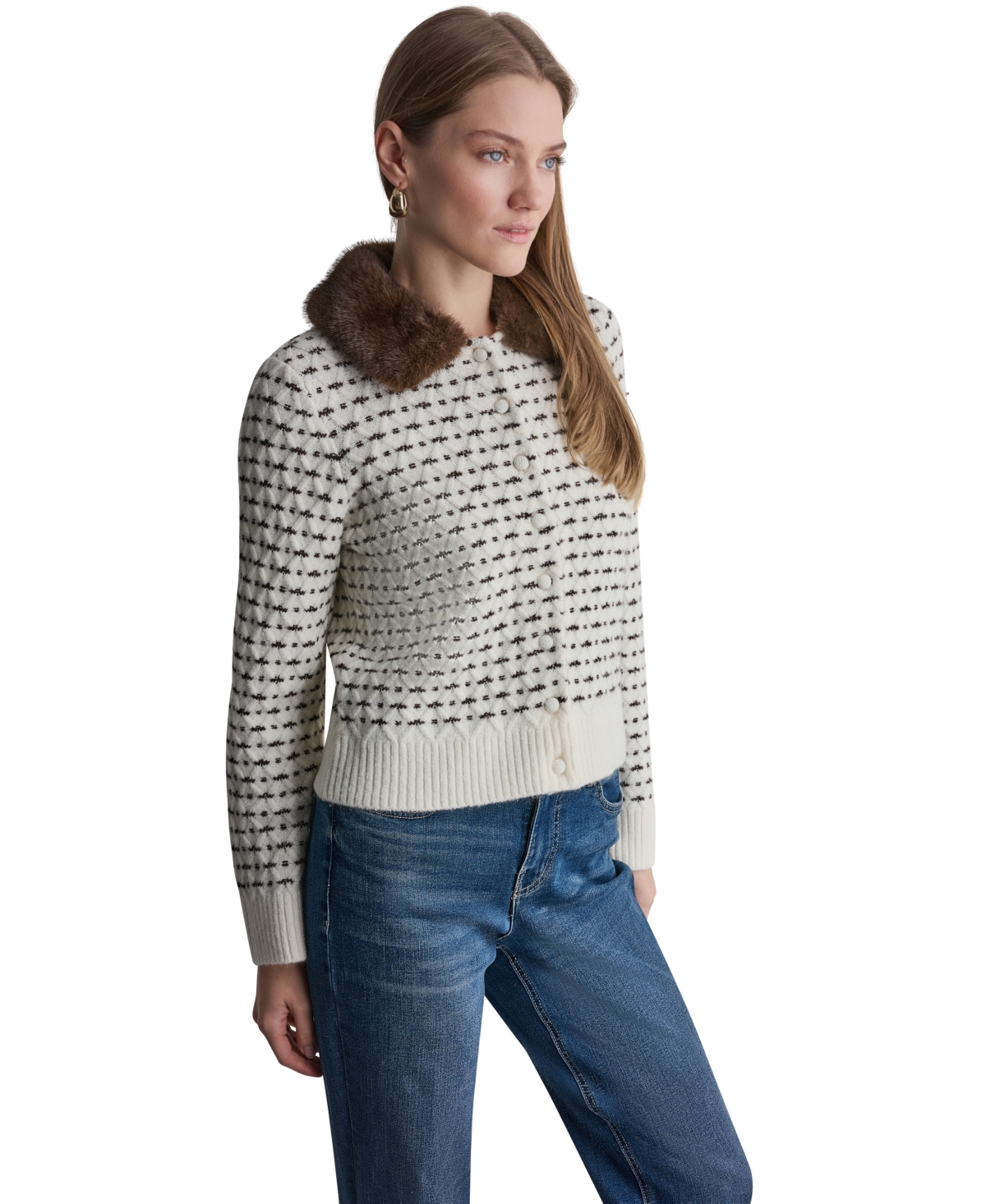 Bcbg Women's Long-Sleeve Faux Fur Collar Cardigan