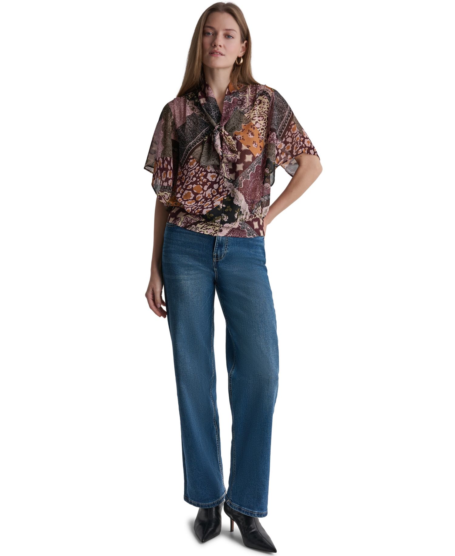 Women's Bow Neck Mixed Print Short-Sleeve Blouse