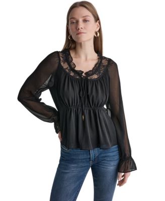 Women's Scoop Neckline Lace-Trim Long-Sleeve Blouse
