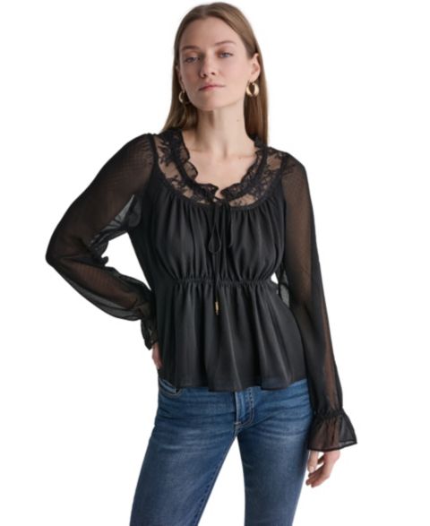 Женская блузка BCBG Scoop Neckline Lace-Trim Long-Sleeve, цвет: Чёрный