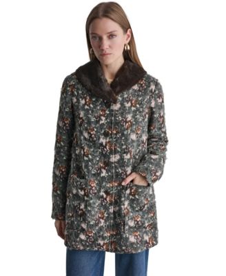 Women's Long-Sleeve Floral Faux-Fur Coat