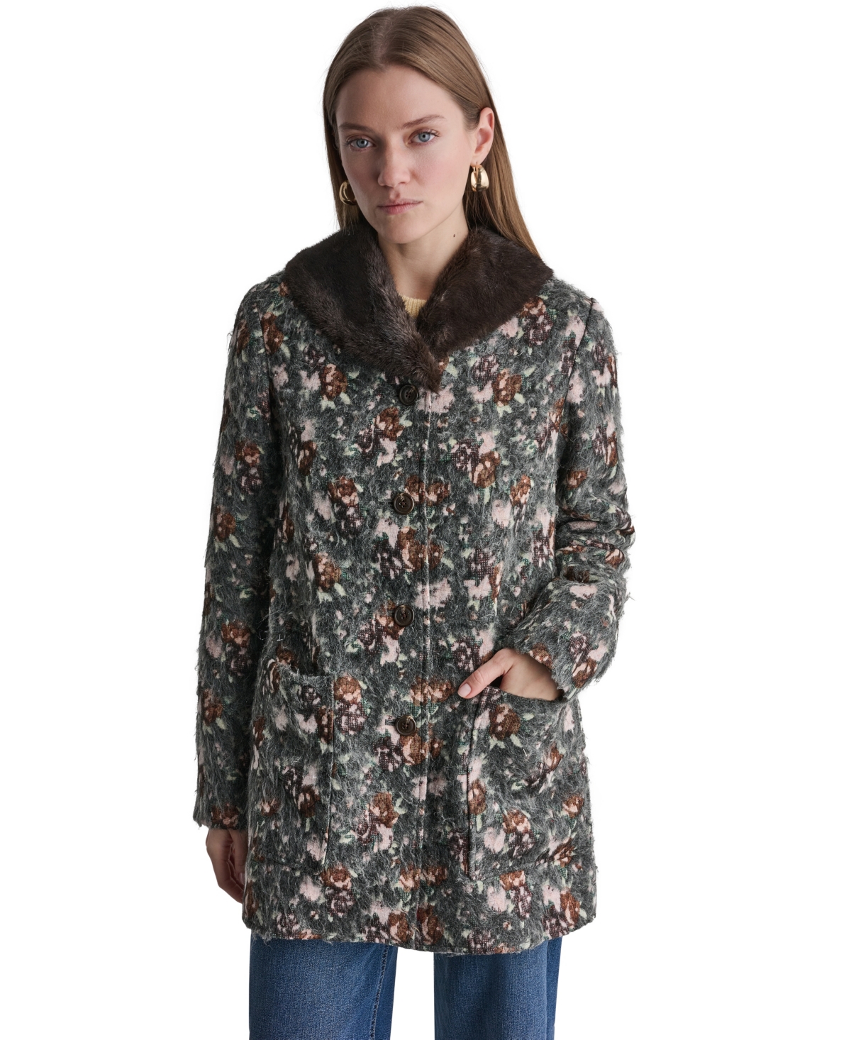 Bcbg Women's Long-Sleeve Floral Faux-Fur Coat