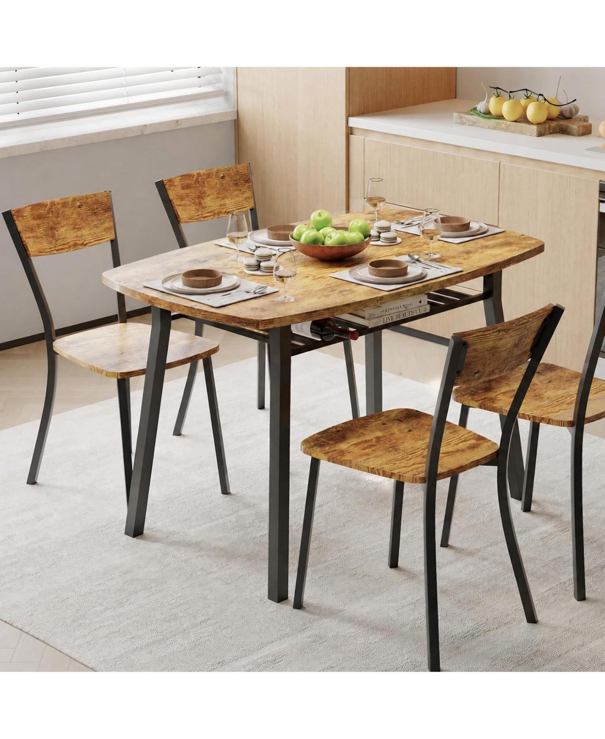 gaomon Dining Table Set for 4 with Storage Shelf, 5 Piece 43 Kitchen Table and Chairs, Trapezoid Back Chairs, Heavy-Duty Metel Frame, Space Saving
